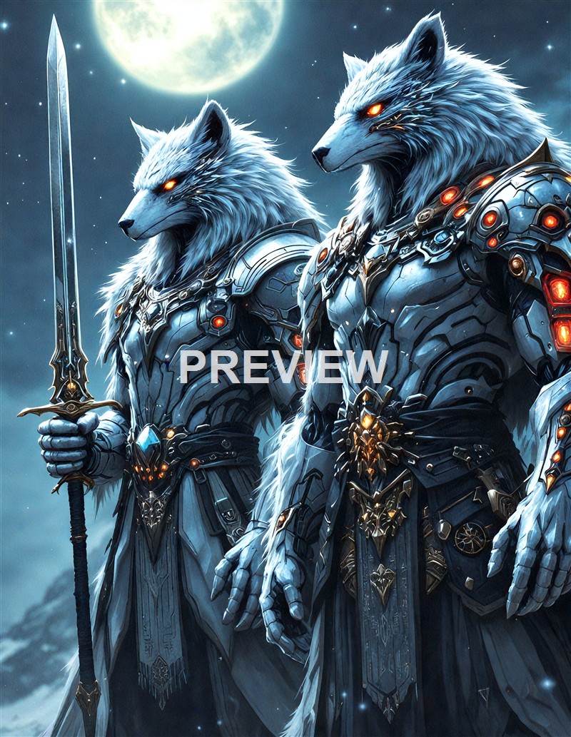 Two armored humanoid wolves with glowing eyes and fur-covered heads stand against a night sky with a full moon, one holding a sword.